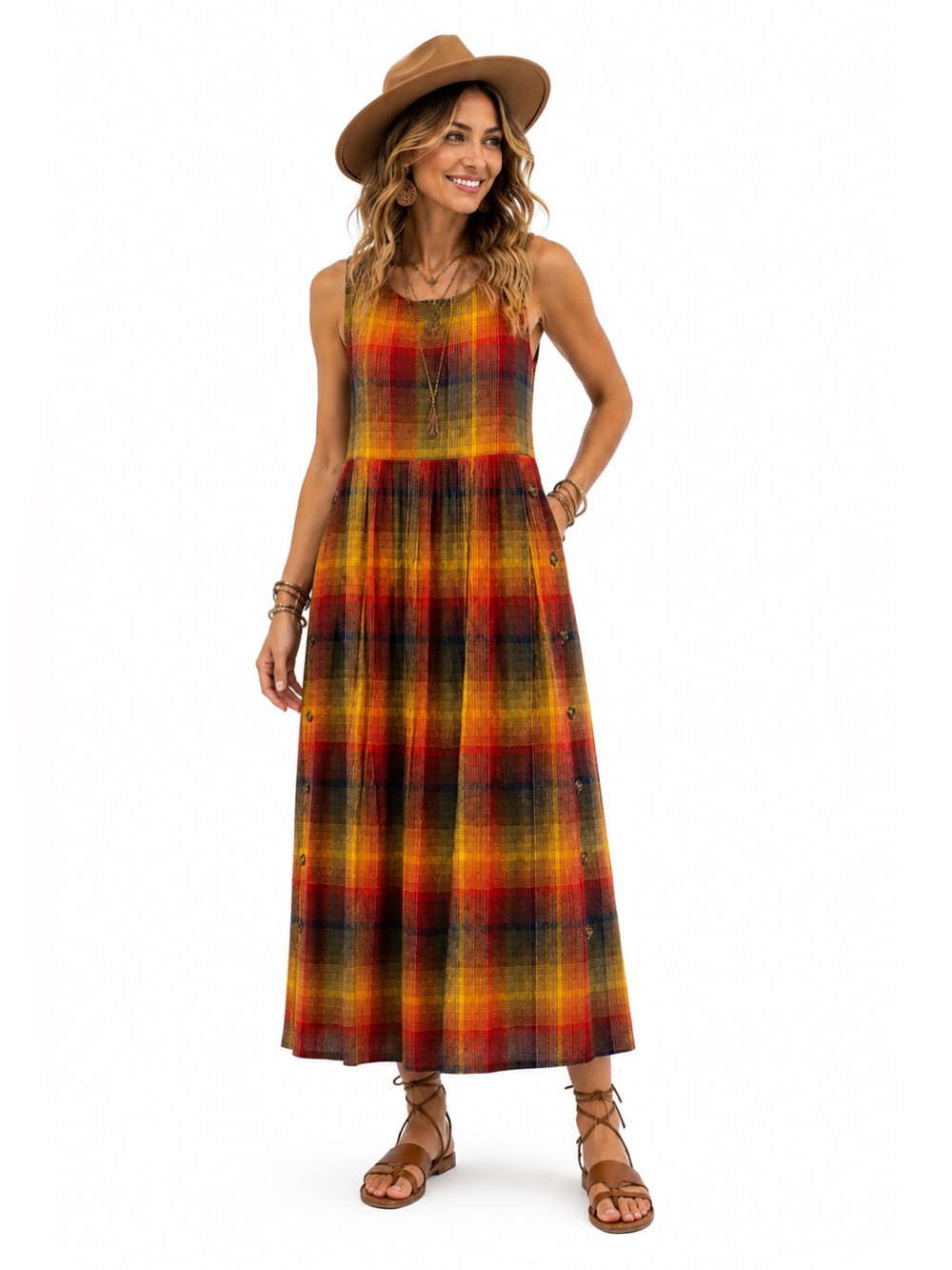 Vintage American Eagle Cotton Red Tag Plaid Pinafore Maxi Jumper Dress S